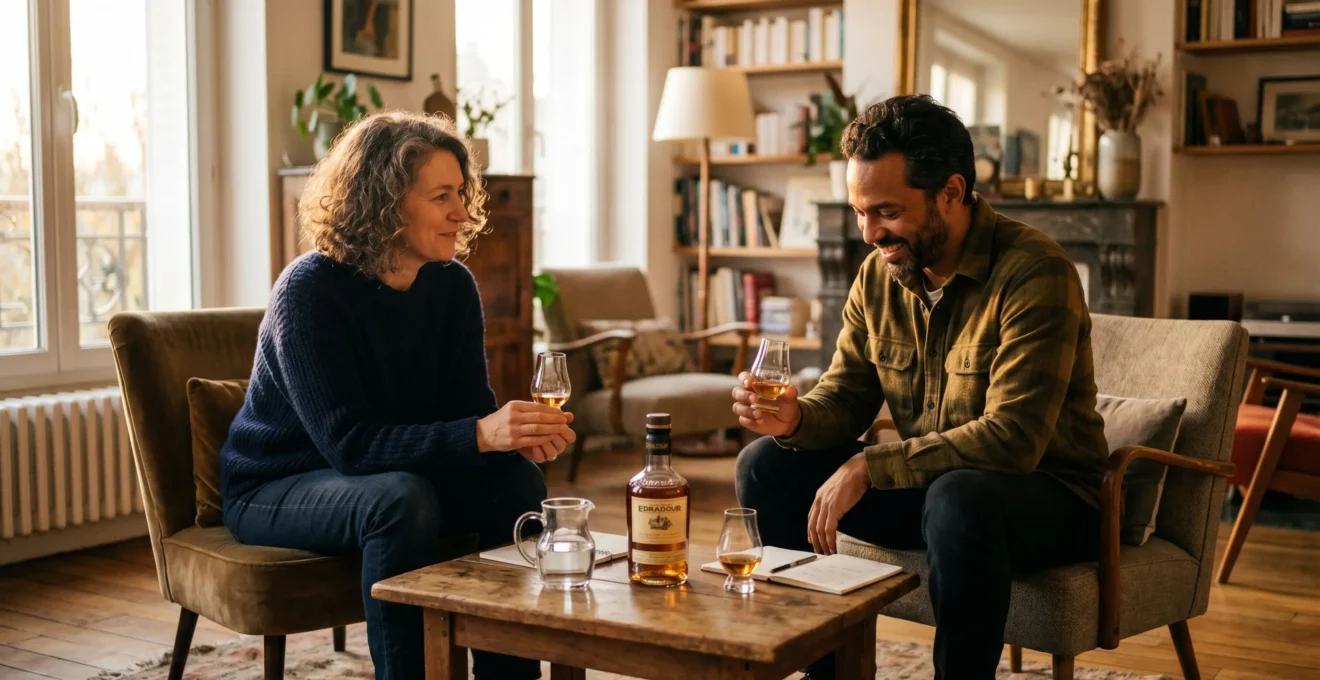 Deux personnes dégustant du whisky dans des verres tulipe en cristallin lors d'une soirée conviviale à domicile, éclairées par une lumière naturelle dorée de fin d'après-midi