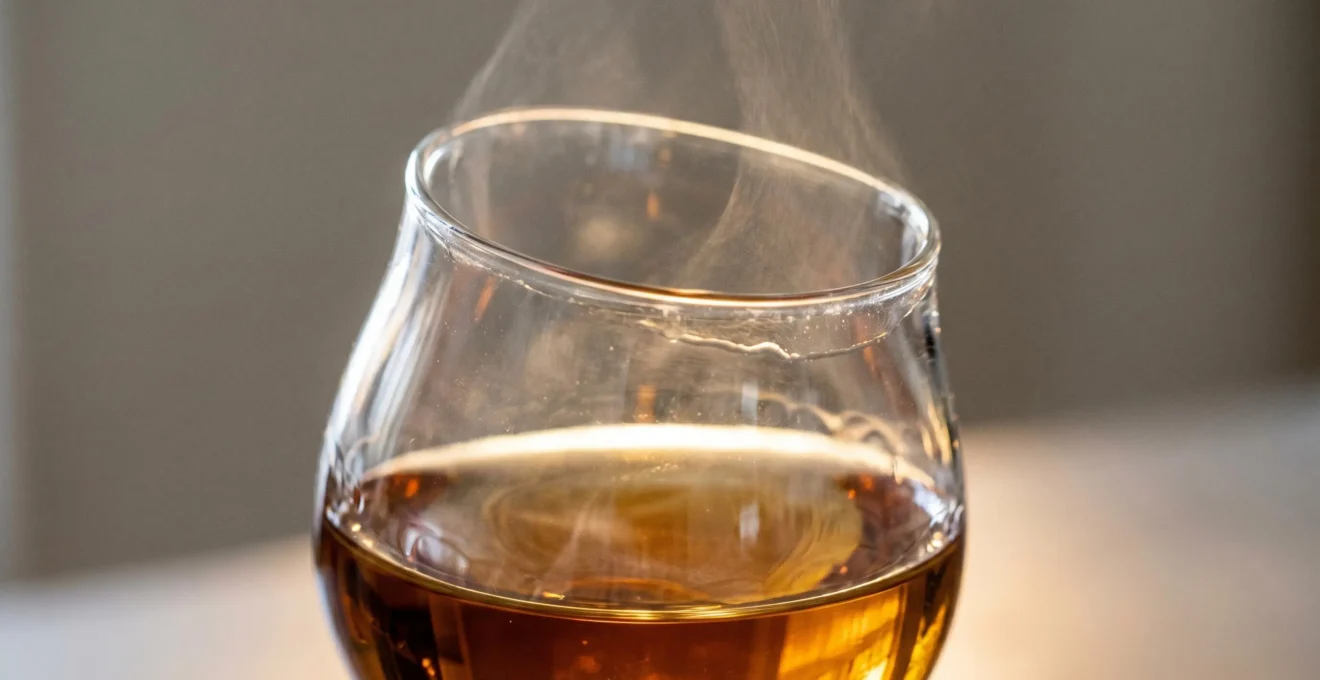 Gros plan macro sur le col resserré d'un verre tulipe en cristallin contenant du whisky ambré, avec de subtiles vapeurs aromatiques visibles au-dessus de l'ouverture