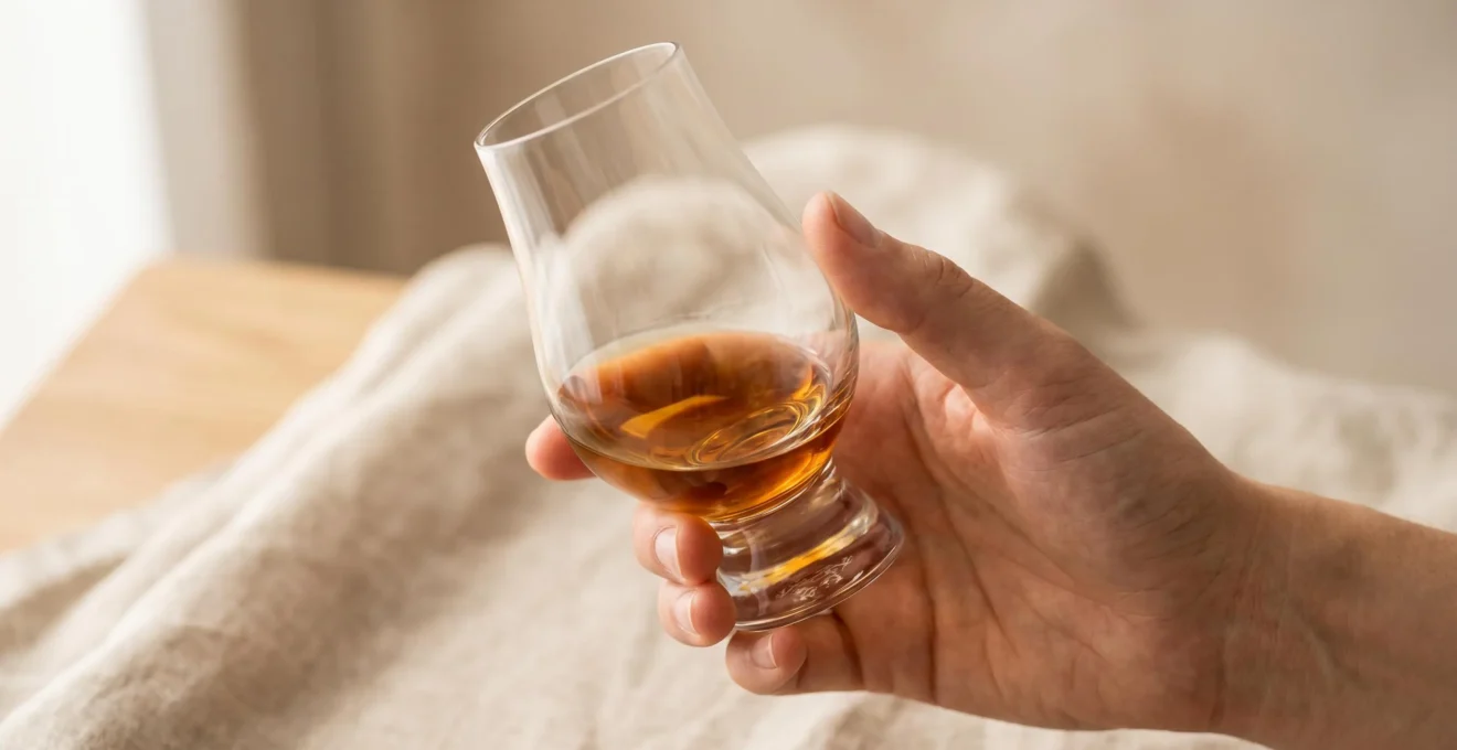 Main tenant délicatement un verre nosing en cristallin ultralight par sa base, avec lumière diffuse révélant la transparence et la finesse du matériau