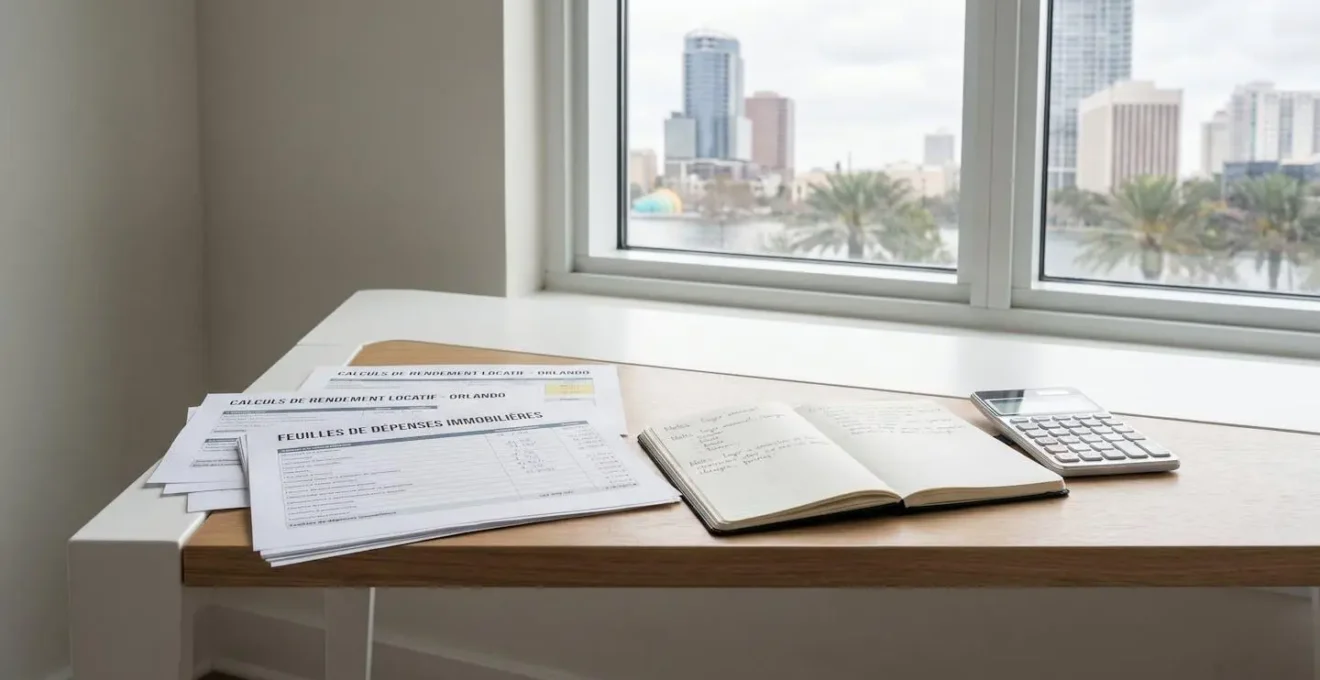 Documents d'analyse financière comparative étalés sur un bureau avec calculatrice et notes manuscrites, vue sur Orlando en arrière-plan