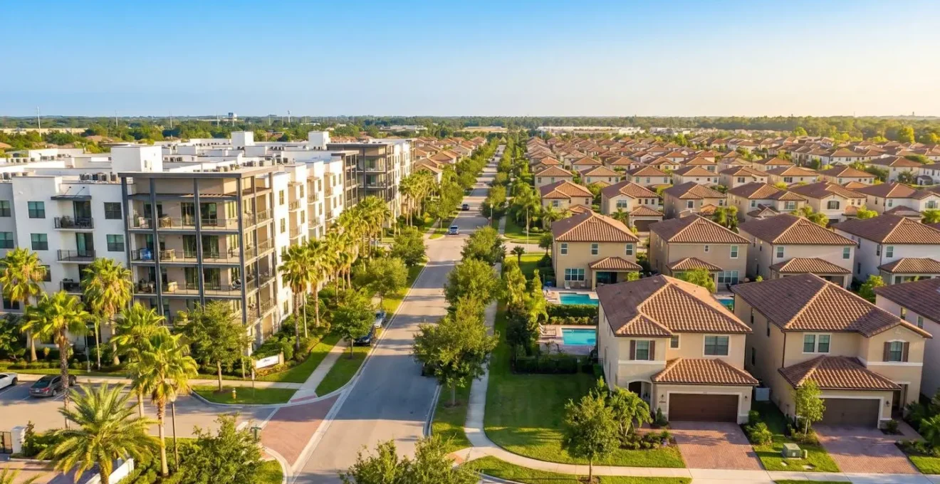 Vue aérienne d'un quartier d'Orlando montrant une résidence de condominiums moderne à gauche et un lotissement de maisons individuelles avec piscines à droite, architecture floridienne typique