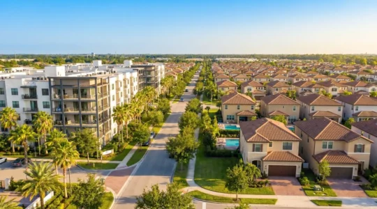 Vue aérienne d'un quartier d'Orlando montrant une résidence de condominiums moderne à gauche et un lotissement de maisons individuelles avec piscines à droite, architecture floridienne typique