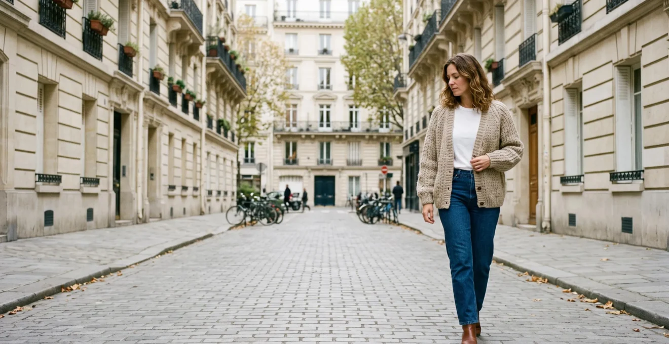 Une femme portant un cardigan en maille beige marche sur un trottoir parisien au début de l'automne.