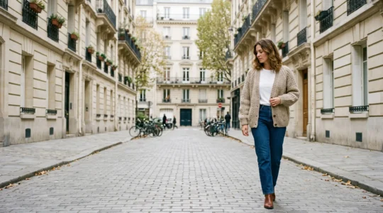 Une femme portant un cardigan en maille beige marche sur un trottoir parisien au début de l'automne.