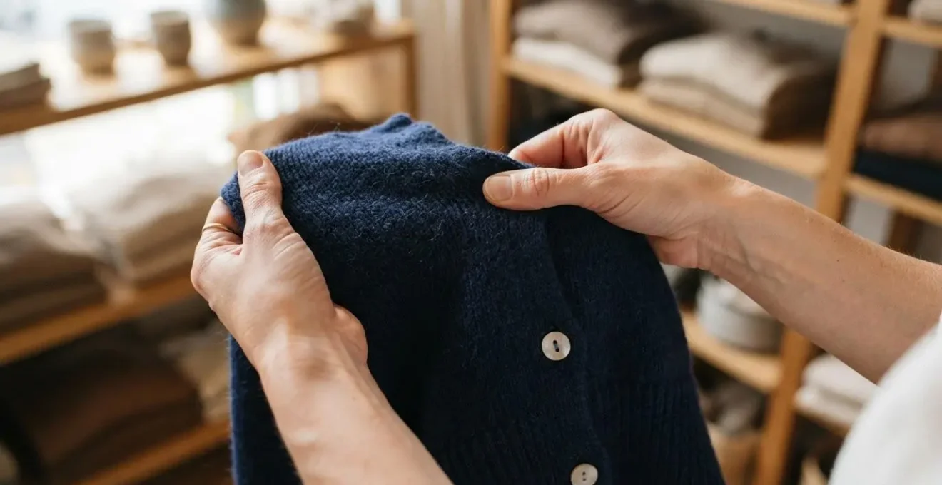 Des mains examinent la densité de la maille d'un cardigan en laine marine dans une boutique.